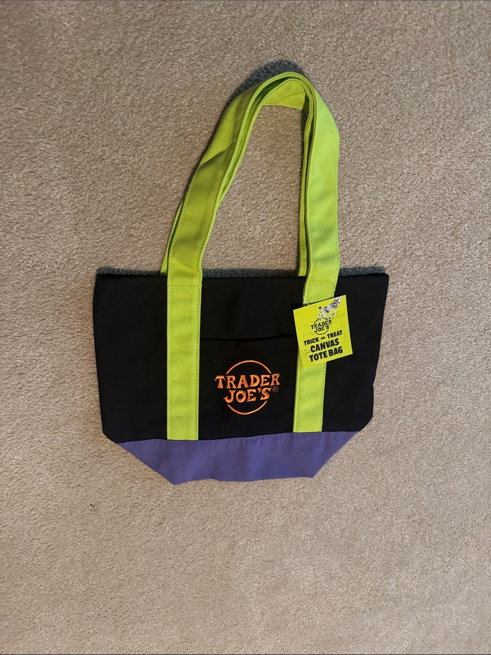 Trader Joe’s mini tote -Black Canvas Tote with Lime Green Straps Purple Base
